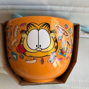 Nickelodeon Garfield 20 0z.Creamic Bowl w/Bamboo Chopsticks And Spoon